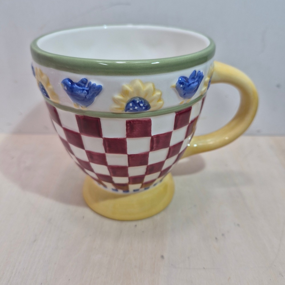 Hand Painted Ceramic Mug Blue Bird Sunflower Checkered Farmhouse Coffee Cup